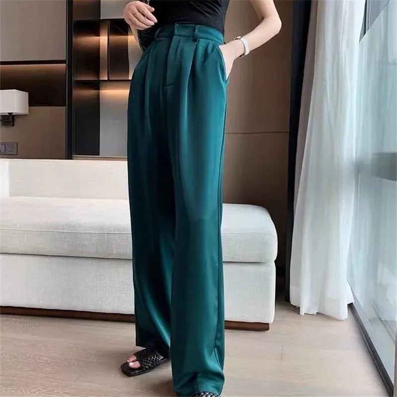 Korean Silk Satin Wide Leg Pants Women Spring Summer Casual High Waist Straight Long Pantalones Vintage Loose Basic Trousers