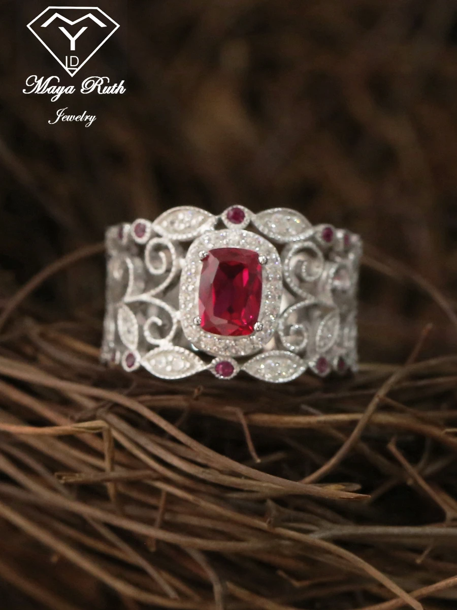 Lab Created Ruby Real 925 Sterling Silver Designer Cocktail Lace Ring For Women Vintage Aesthetic Unusual Style 2024 Trend New