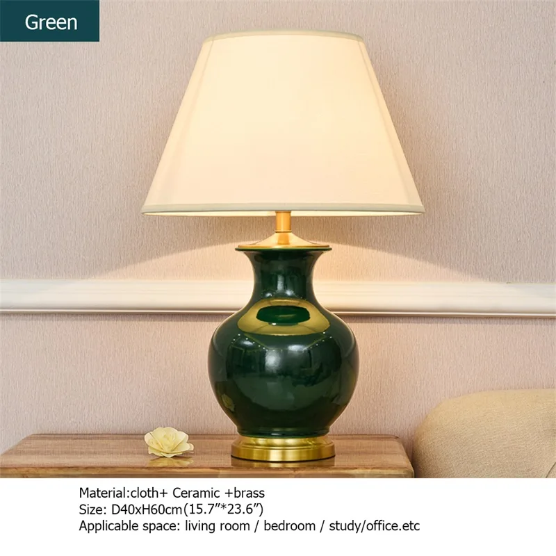 OURFENG LED Table Desk Lamp Copper Bedside Light Red Green Ceramic Decorative For Home Foyer Office Bed Room Study Dining Room