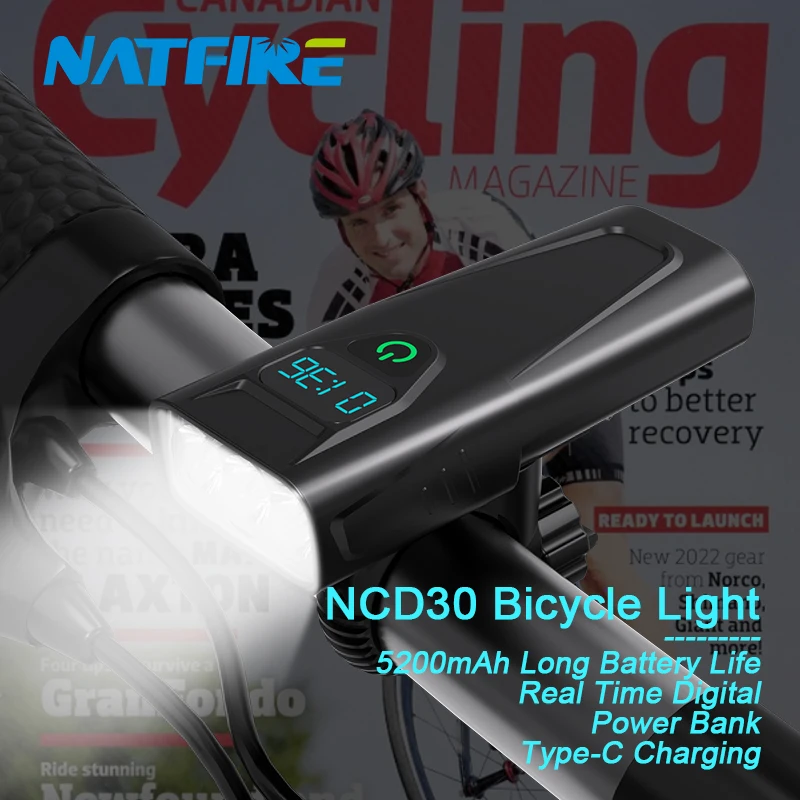 NATFIRE Digital Bicycle Light with Battery Indicator Bright Flashlight Type C Rechargeable 5200mAh Bicycle Lamp Headlight