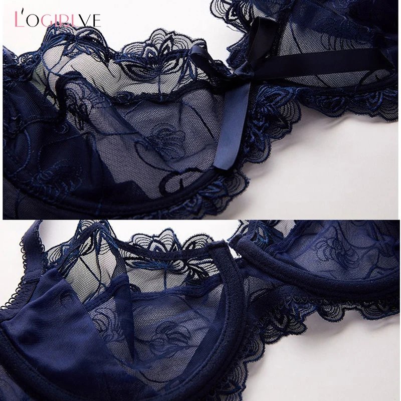 New Fashion Embroidery Lingerie Set Women Bras C D Cup Plus Size Underwear Set Sexy Black Transparent Bra and Panties Sets Lace