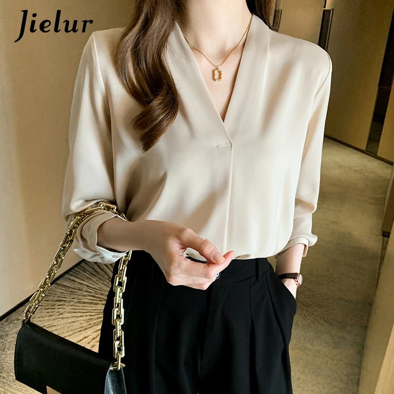 Jielur Solid Color White Shirts Women Office Lady White V-neck Skinny Long-sleeved Tops Autumn Khaki Loose Blouses Female S-XXL