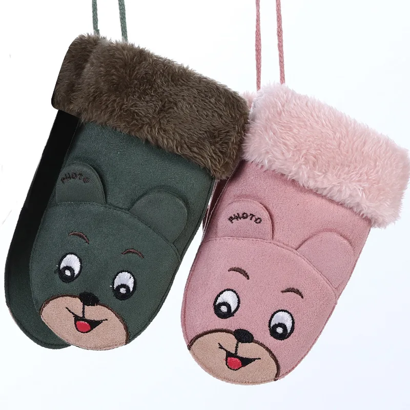 Fashion Lovely Children\'s Winter Thick Cashmere Warm Cartoon Rabbit Bear Suede Leather Gloves Boy/Girl Faux Sheepskin Glove 100A