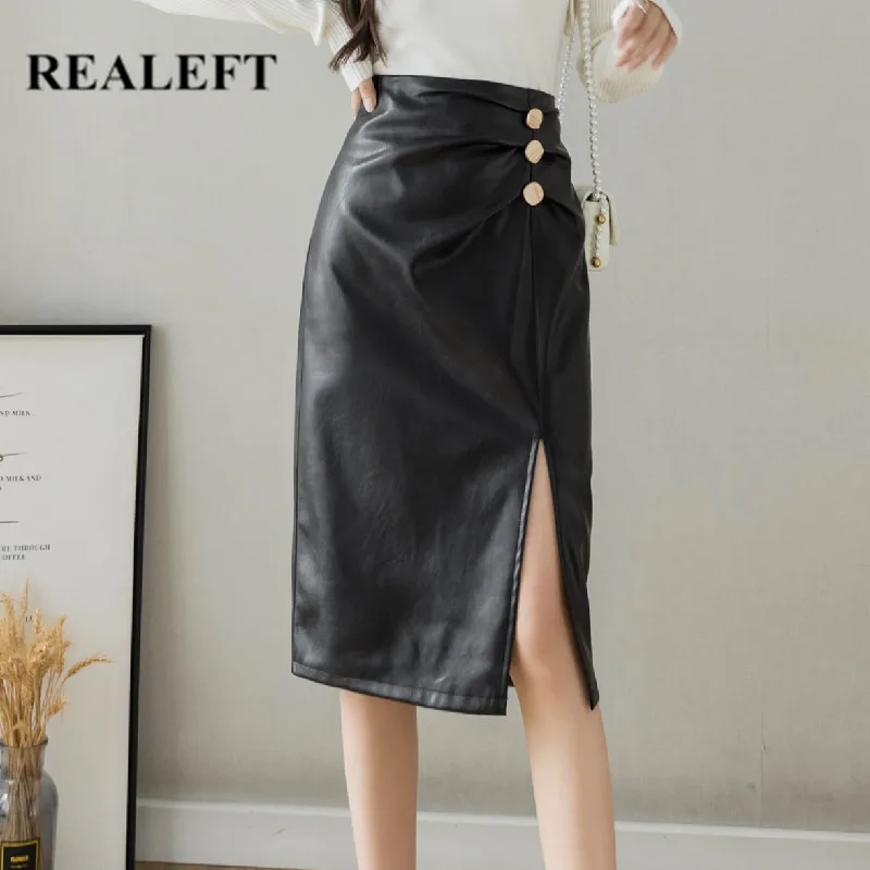 REALEFT 2021 New Buttons Women's Black PU Leather Wrap Skirts Office High Waist Front Split Women's Midi Skirts Female Autumn