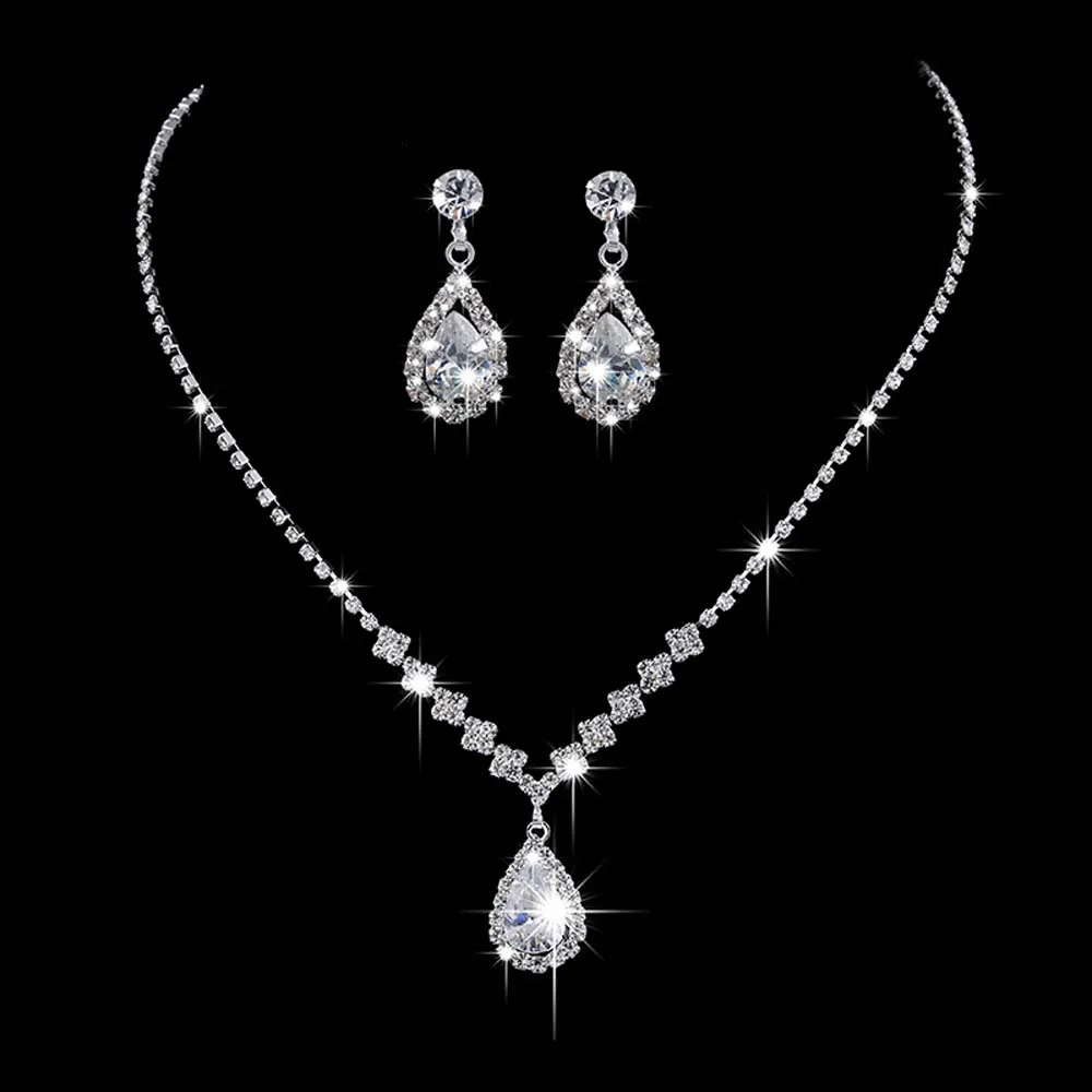 Luxury Cubic Zirconia Teardrop Necklace Earrings Set Bride Bridesmaid Wedding Jewelry Set Gifts For Women