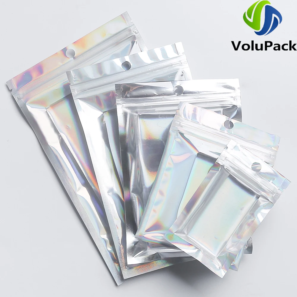 Eco Plastic and Metallic Mylar Bags,Large Size Smell Proof Candy Packaging Bags,Clear and Holographic Silver Zipper Clip Pouches