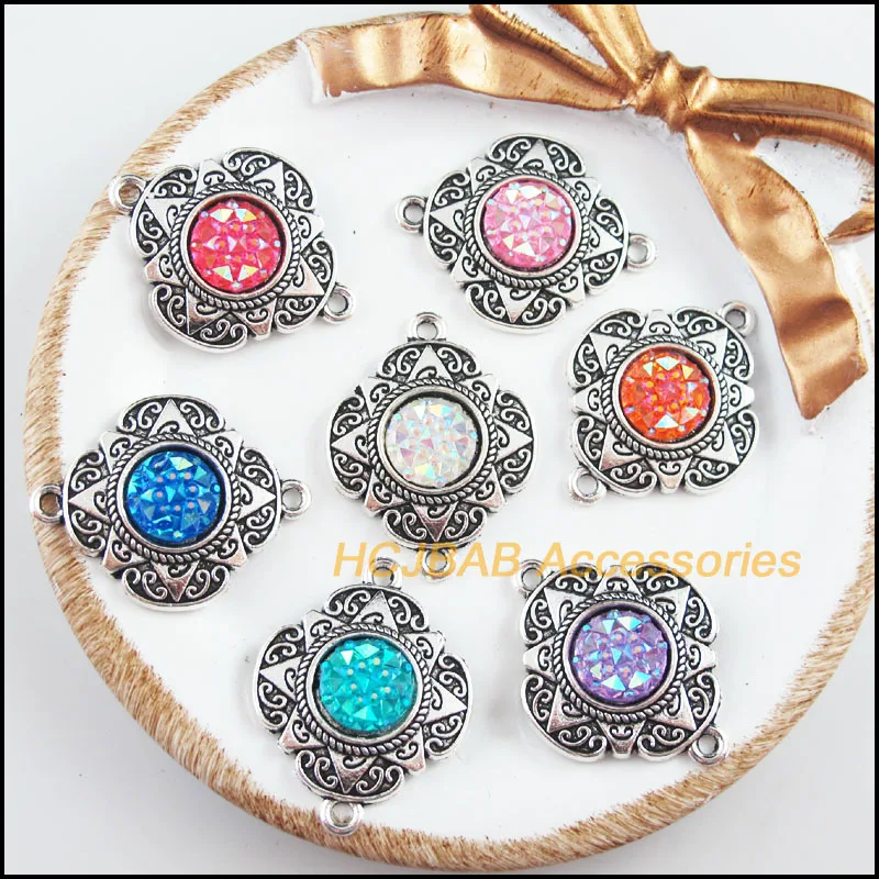 7 New Flower Charms Tibetan Silver Tone Retro Mixed Round Resin Connectors 23.5x30mm