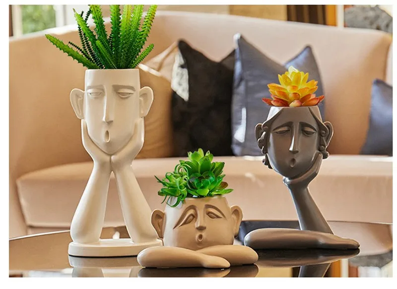 3pcs/set Frankenstein Head Vase-Resin Head Portrait Planter-Art Flower Pot-Boy Face Flower Vase-Home Crafts Decor