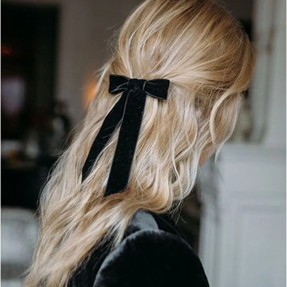 Lystrfac Vintage Black Velvet Bow Hair Clips For Women Long Ribbon Hairpin Simple Top Clip Ladies Hairgrips Hair Accessories