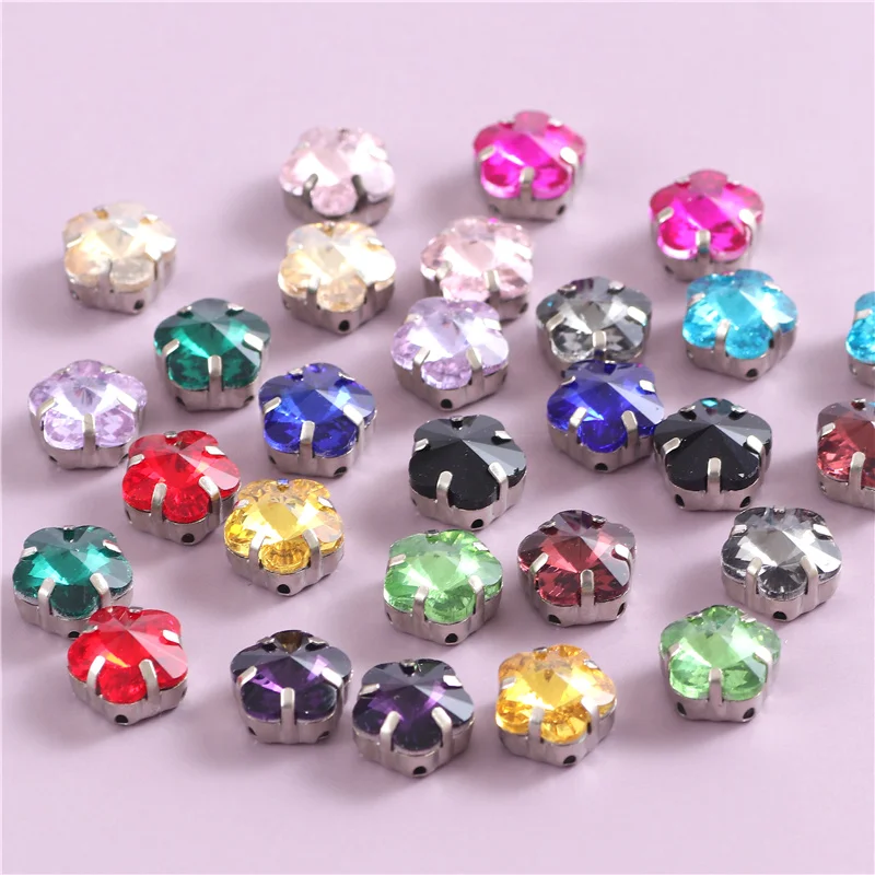 10mm Fabric Sewing Supplies Glass Sew On Rhinestones With Silver Claw Flower Shape Crystal For Diy Clothes Shoes