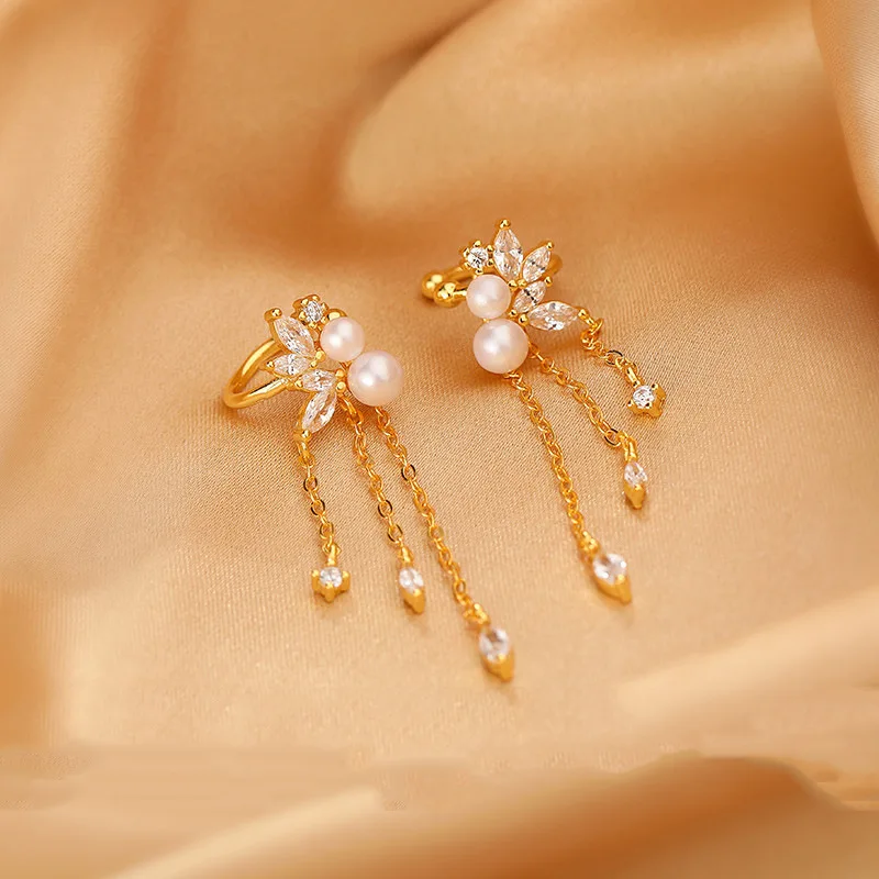 1 Pcs 925 Sterling Silver No-piecing Zircon Tassel Bead Pearl Clip Earring For Women Girl Ear Cuff Jewelry Brincos Bijoux Femme