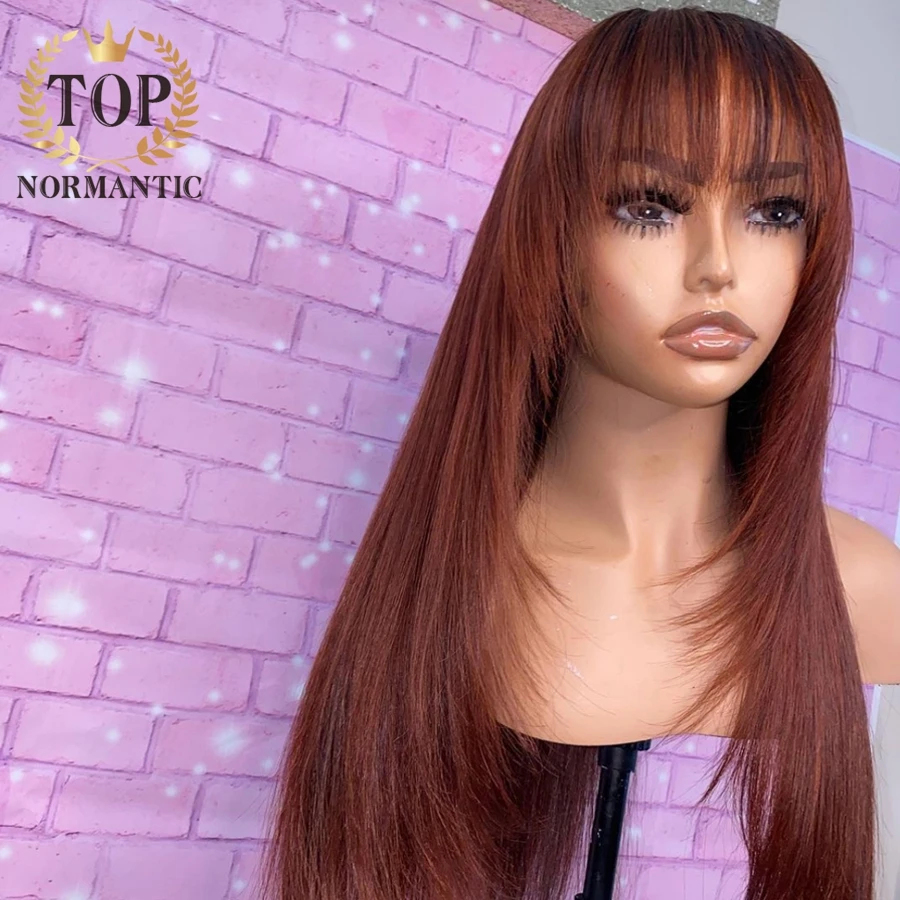 Topnormantic Reddish Brown Color Silky Straight Wig with Bangs 13x6 Lace Front Remy Brazilian Human Hair Wigs for Women