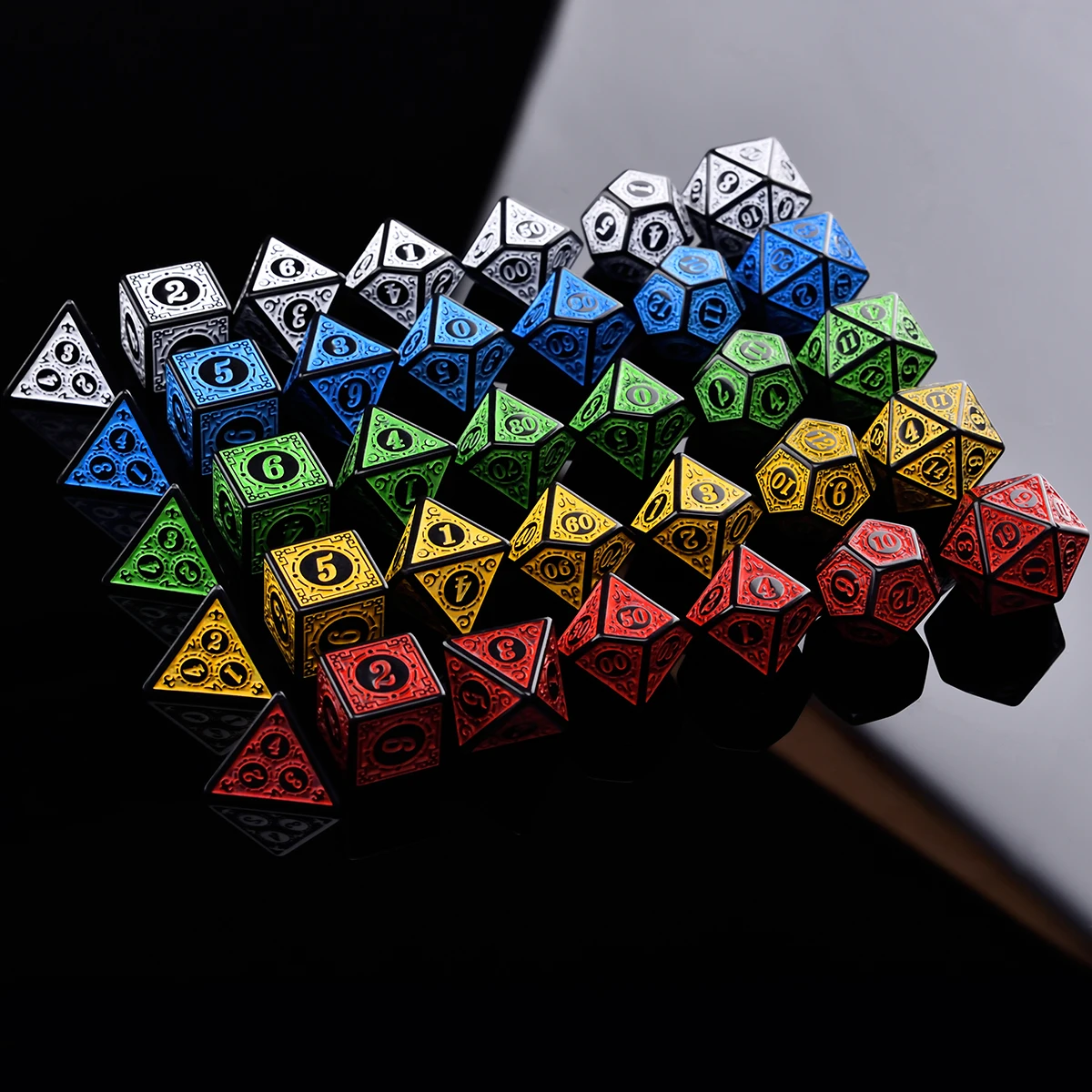 Polyhedral 7-Die Carved Pattern Dice Set of D4 D6 D8 D10 D% D12 D20 for RPG DND