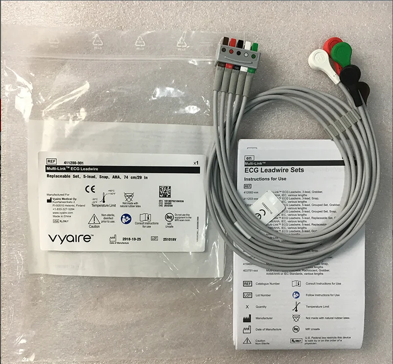 

Vyaire GE Original Multi-Link ECG Leadwire. Replaceable Set, 5-lead, Snap, AHA, 74cm/29in. REF: 411200-001