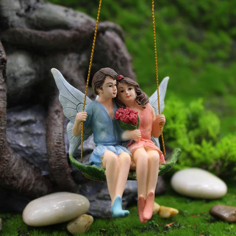 Romantic Couple Figurines Swing Flower Fairy Garden Micro Landscape Pendant  Resin Craft Creative Scene Decoration