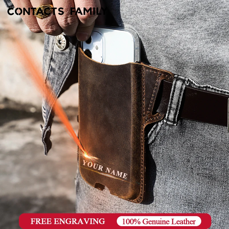 CONTACT'S FAMILY Men's Sports Running Mobile Phone Storage Belt Bag for 5.4-6.9 inch Cellphone iPhone 16 Pro MAX Leather Pockets