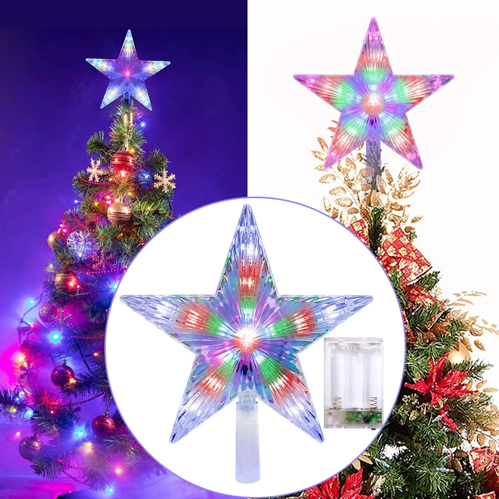 Battery Operated Christmas Star Tree Topper LED Pentagram Starlight Treetop Christmas Decoration Ornament Flashing Holiday Light