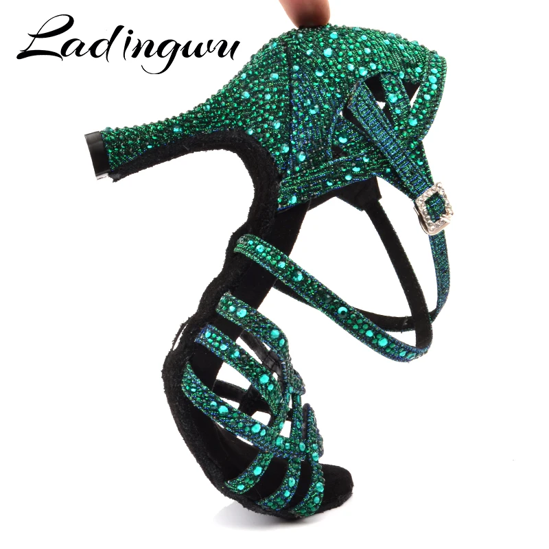 Turquoise Rhinestones Latin Dance Shoes Men Women Comfortable Soft Bottom Indoor Sports Salsa Performance Dance Footwear