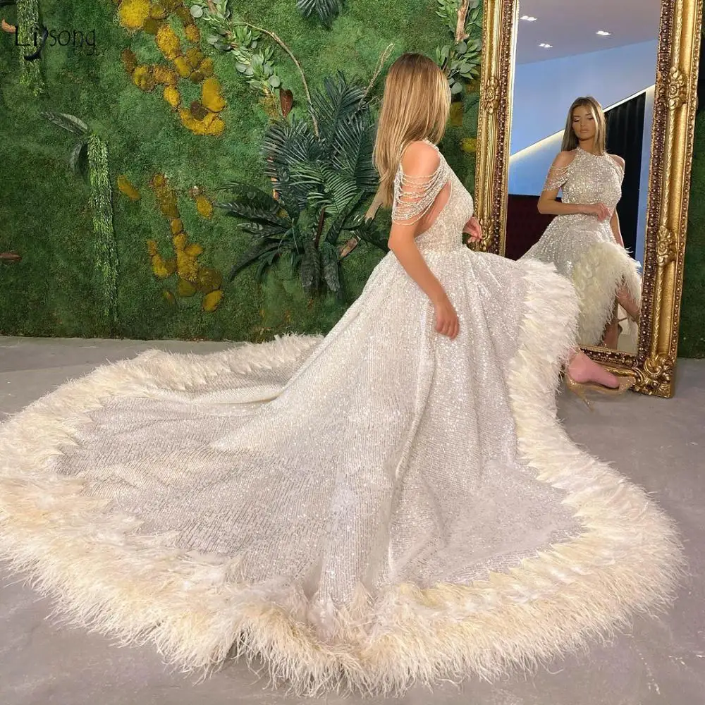 

Luxury Feather High Low Evening Dresses Beaded Crystal Long Formal/Prom/Party Sexy Backless Gowns Modern Special Occasion Dress