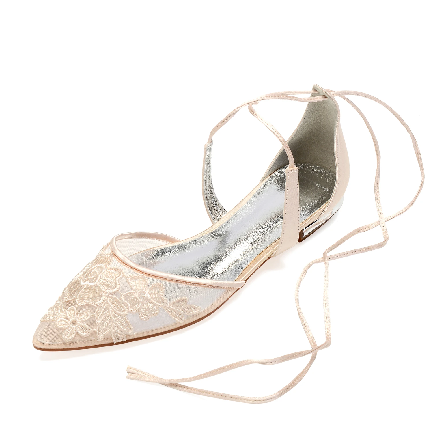 Comfort Flat Wedding Shoes for Bride Pointed Toe Ankle Strap Air Mesh Appliques Wedding Bridal Dress Flats