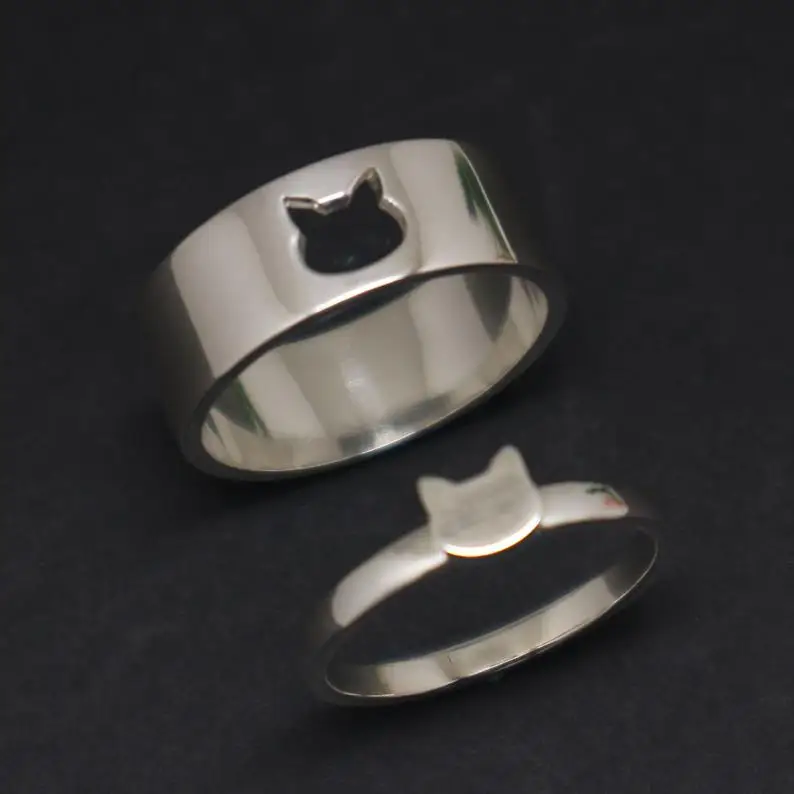 Silver color Promise Ring for Couple Set - Cat Jewelry,  Lovers Gift for Men, Women, Cat Lady Gift, Mother, Daughter