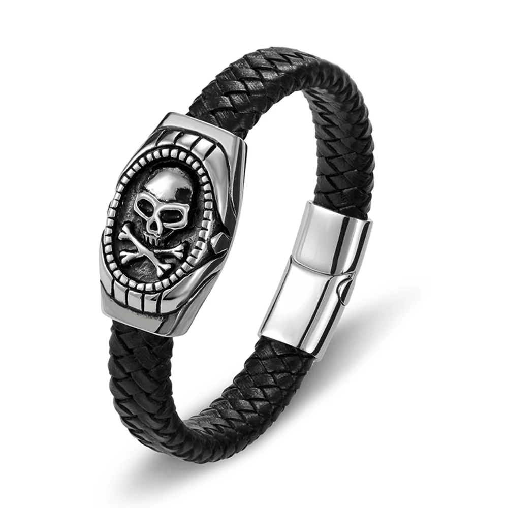 TYO Fashion Charm Stainless Steel Magnetic Black Genuine Leather Braided Men Bracelet Jewelry Skull Rope Wholesale Accessories