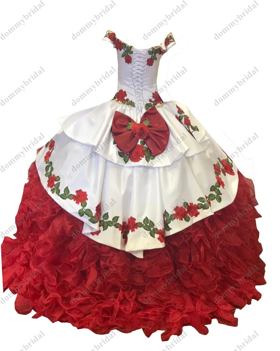 Vestido de baile de hada roja y blanca con hombros descubiertos, vestido de baile de graduación de quinceañera, flores florales, Charro, volantes satinados mexicanos XV, 2021