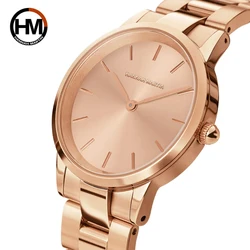 Elegante reloj de oro rosa para mujer, pulsera de cuarzo resistente al agua con movimiento japonés, esfera redonda, banda de acero con manchas, reloj de moda