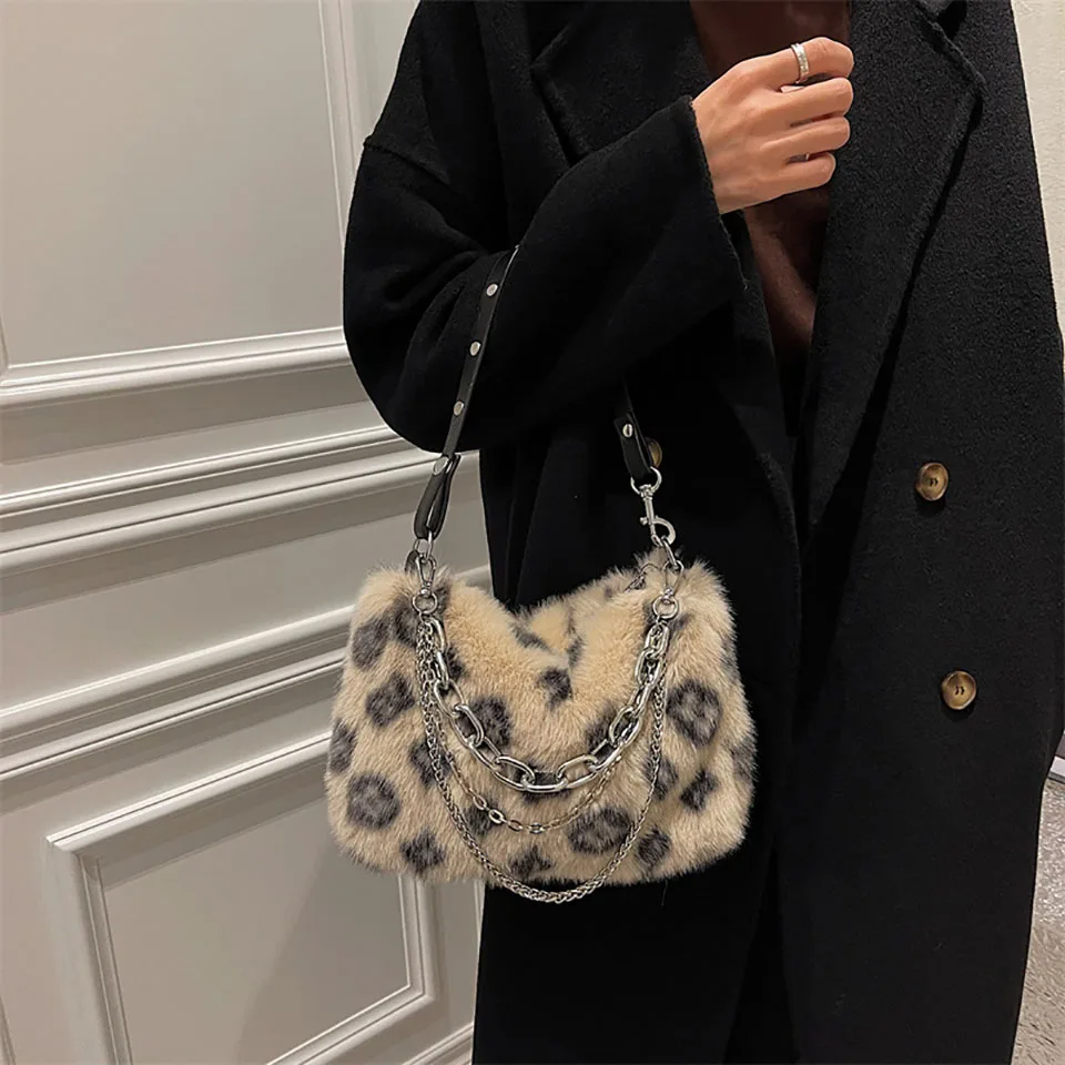 Bolso de hombro de felpa de leopardo para mujer, bandolera de piel sintética suave, a la moda, para otoño e invierno, 2021