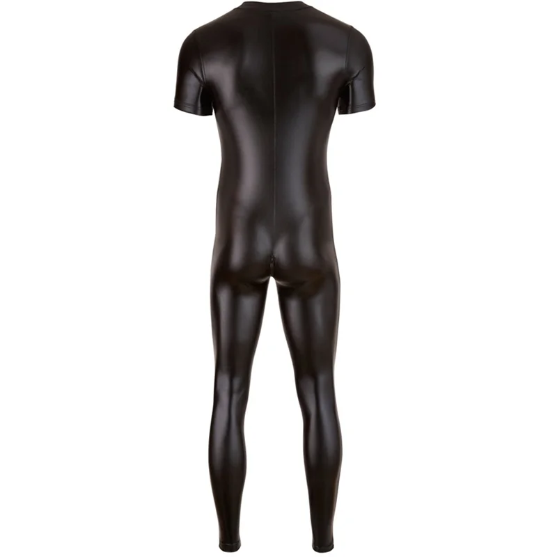 Sexy Male's PU Leather Catsuit For Men Tight Skin Full Bodysuit Jumpsuit Front Zipper Open Crotch Latex Zentai Suit Costume 3XL