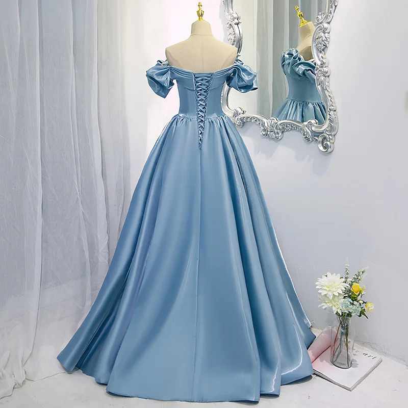 Blue French Style Formal Prom Dresses Strapless Sleeveless Bow Ruched Slim Party Gowns A-Line  Floor-Length Graceful Dresses