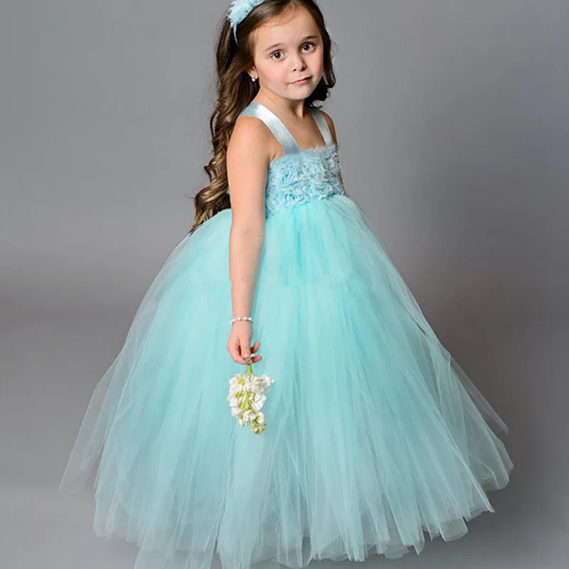 Baby Girls Aqua Flower Tutu Dress Kids Crochet Tulle Dress Ball Gown with Headband Children Birthday Party Costume Evening Dress