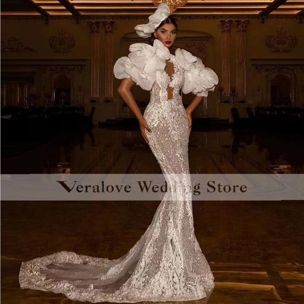 Luxury Middle East Wedding Dress Mermaid 2022 Ruffles Sleeves Appliques Lace Vestido De Noiva Bridal Gowns