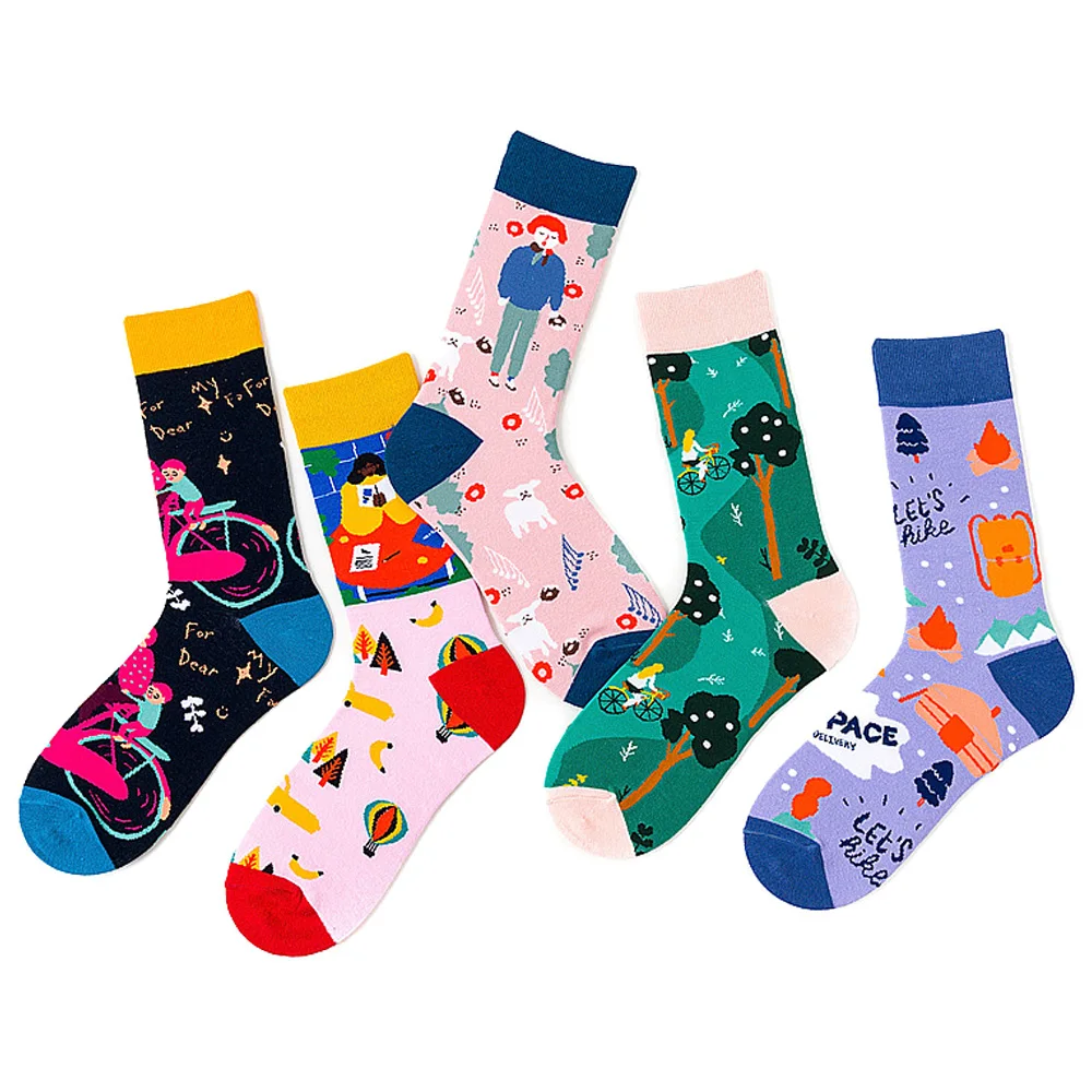 

Colorful Cotton Funny Bicycle Dog Tree Happy Forest School Bag Alphabet Men's Socks Harajuku Graphic Socks For Christmas Gift