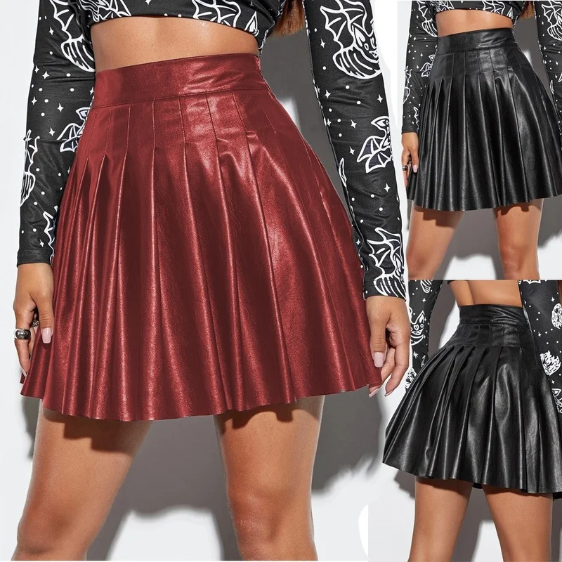 Women Pleated Skirts Faux Leather High Waist Skirts Bodycon Black Wine Casual A-line Short Skirts Party Clubwear Streetwear 2XL