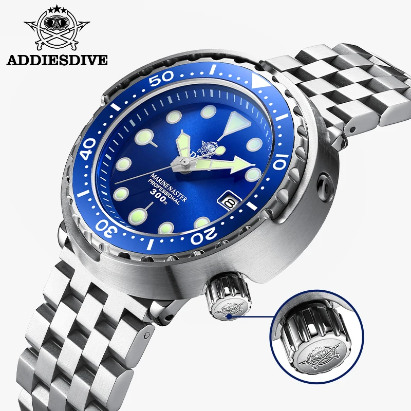 

ADDIESDIVE Tuna Series Watch Blue Dial 316L Stainless Steel Watch Sapphire Crystal 300m Diving Watch C3 Super Luminous Hands