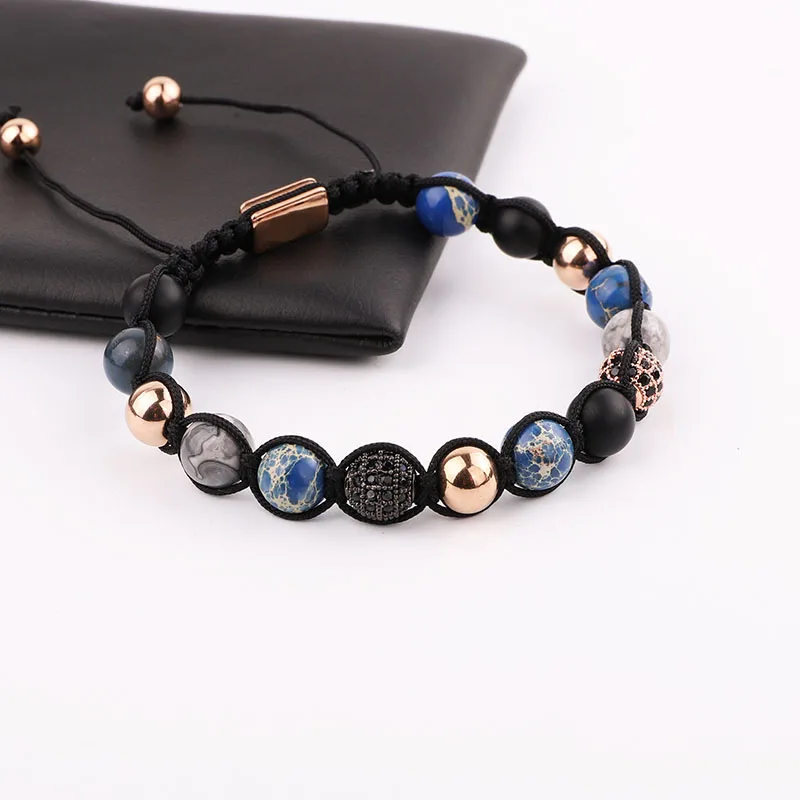 

High Quality CZ Pave Ball Charm Natural Stone Beaded Custom Macrame Bracelet Jewelry Gift For Men Women