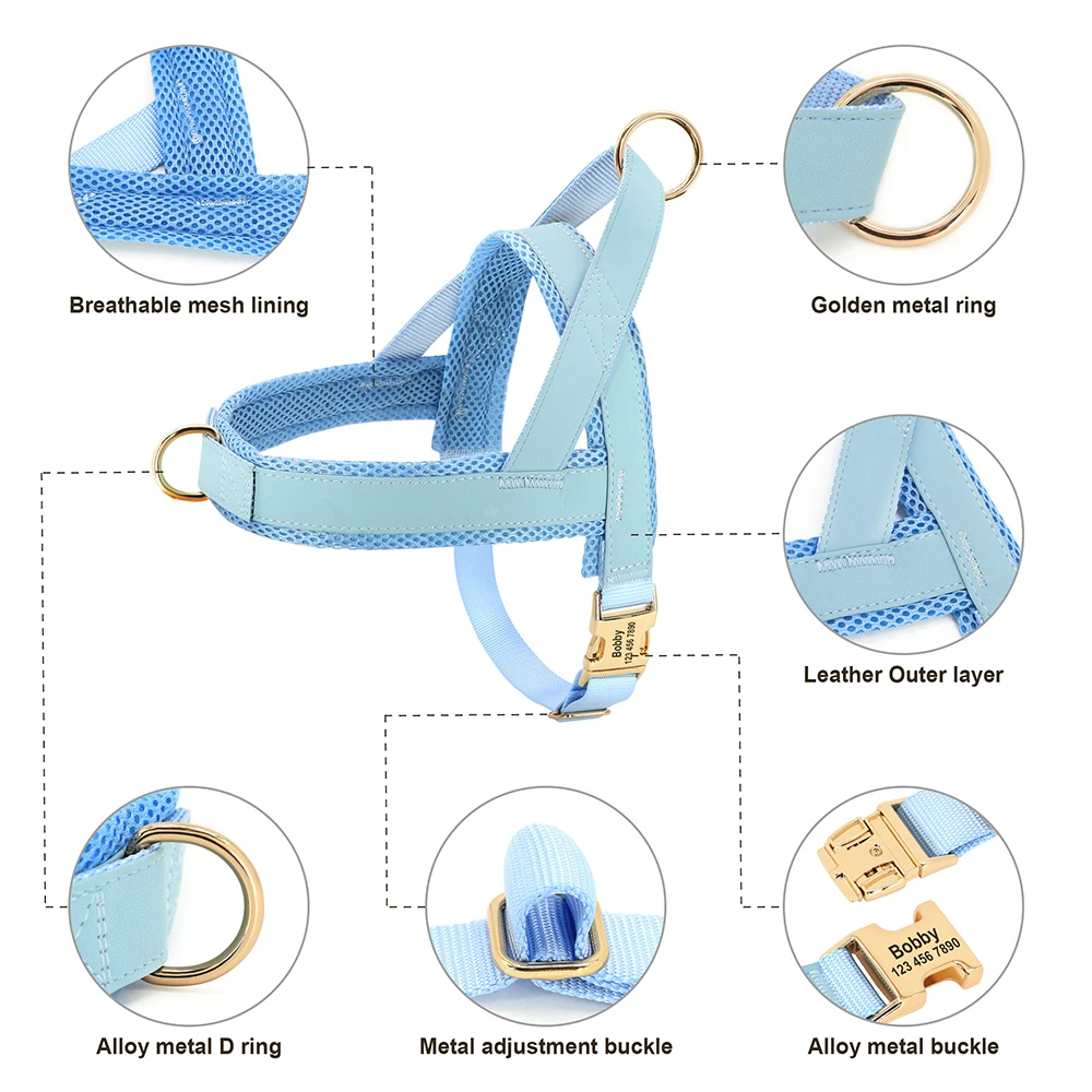 맞춤형 노 풀 개 하네스 가죽 조끼 하네스, 소형 중형 대형견용, 프렌치 불독용, 부드러운 메쉬 패딩 하네스