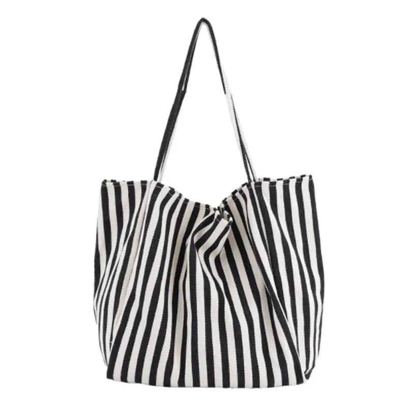 2023 Fashion Ladies Classic Striped Canvas Handbag Large Capacity Shoulder Bag For Female Simple Beach Casual Totes Shopping Bag