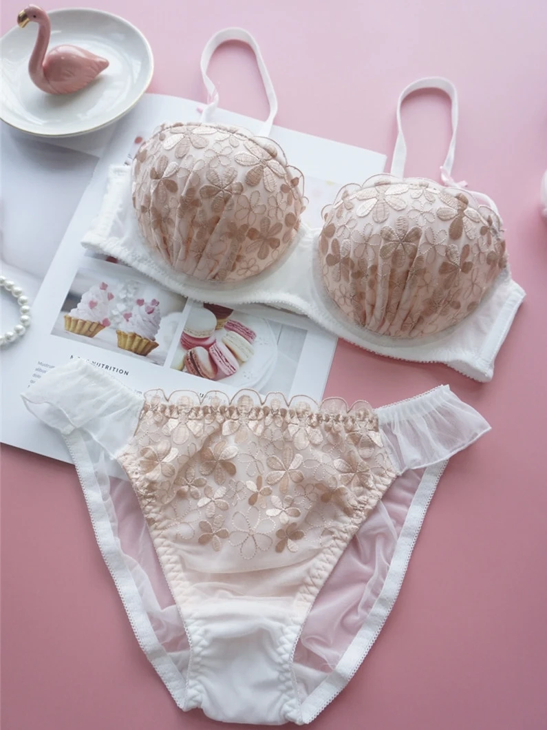 One-half top-up bra and briefs suit sexy embroidered sweet flower bralette set girly underwear panties large size women lingerie