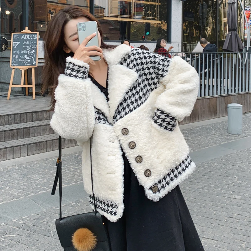 Women\'s winter new Korean style loose short quilted wool coat stitching houndstooth fashion women winter coat wool 2020