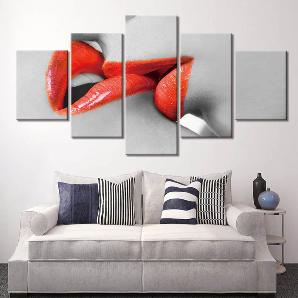 Poster Canvas Paintings Modular Room Decor 5 Piece Love Red Mouth Kiss Picture Wall Art Framed HD Prints Home Decor