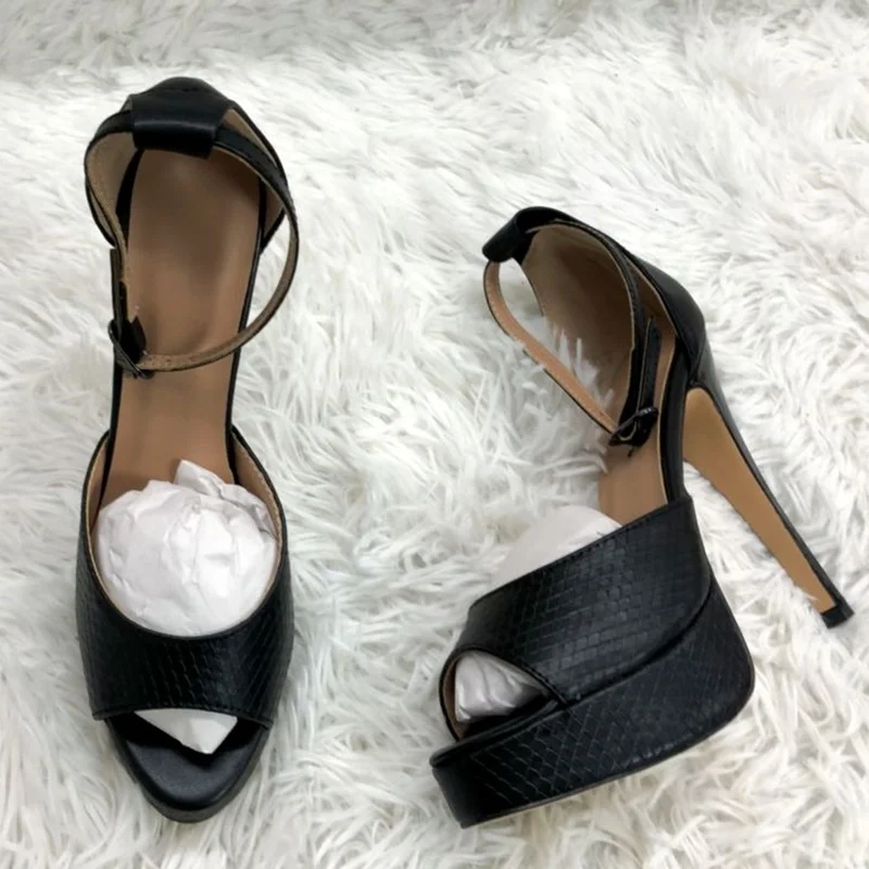 Black Leather High Platform Shoes Ankle Strap Peep Toe Stiletto Heels Gladiator Pumps Size 45 Drop Ship