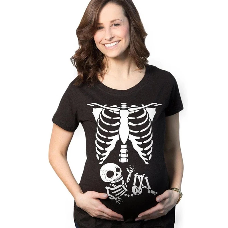 Pregnancy Rib Cage Skeleton Costume Halloween T-shirt Funny Baby X-Ray Graphic Tee Top Women Maternity Pregnant Mom Life Tshirt