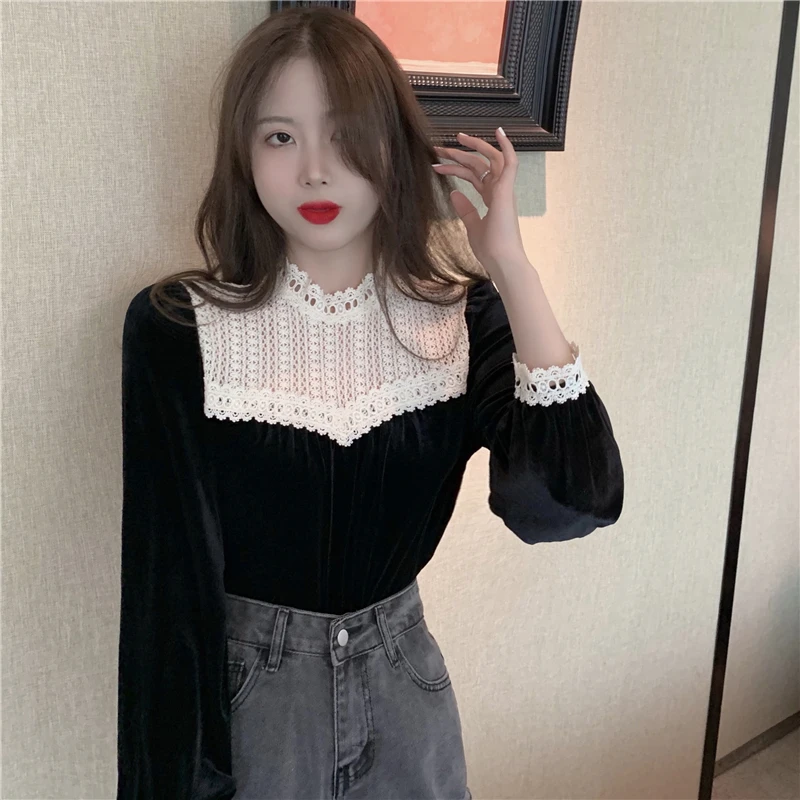 Neploe Black Blouse Women Clothes Lace Velvet Tops Fashion Korean Vintage Shirt Blusas Mujer De Moda Elegant Stand Neck Blouses