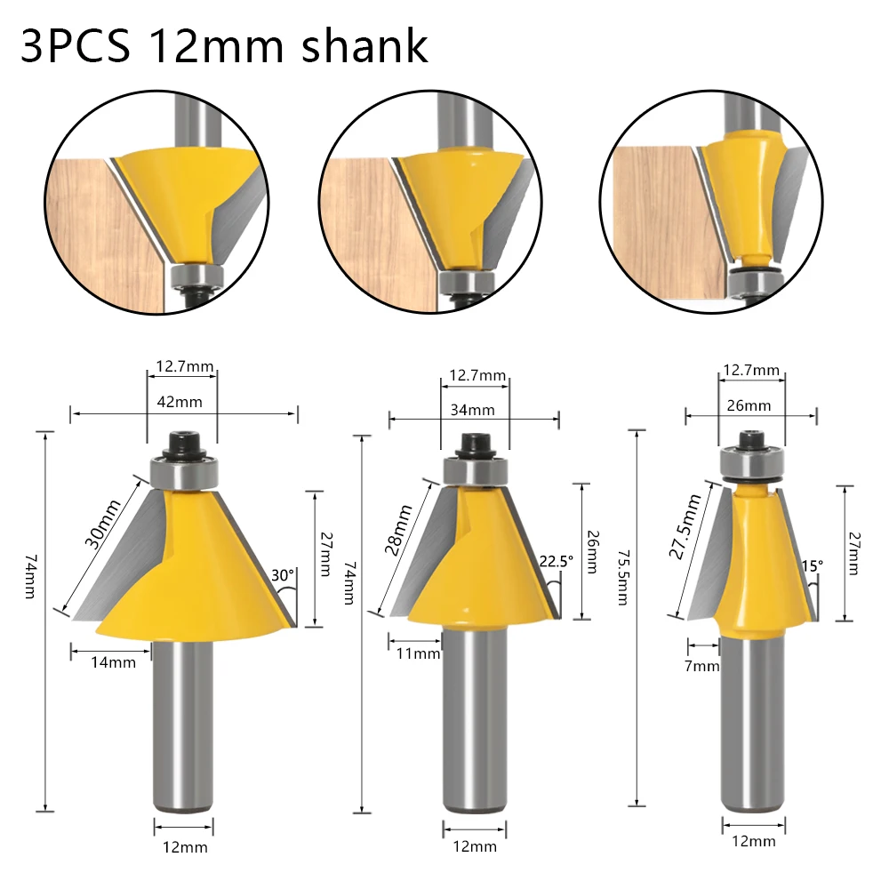 1pc 8mm 6mm 1/4inch 12mm 1/2inchShank Chamfer Router Bit 15 Degree Bevel Edging Milling Cutter for Wood Woodorking Machine Tools