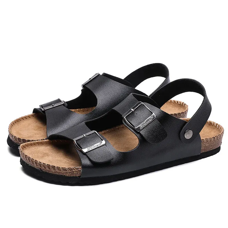 

2021 Summer New Sandy Beach Cork Sandals Men Fashionable Non-slip Flip Flops for Couples Fashion Leather Slippers Men