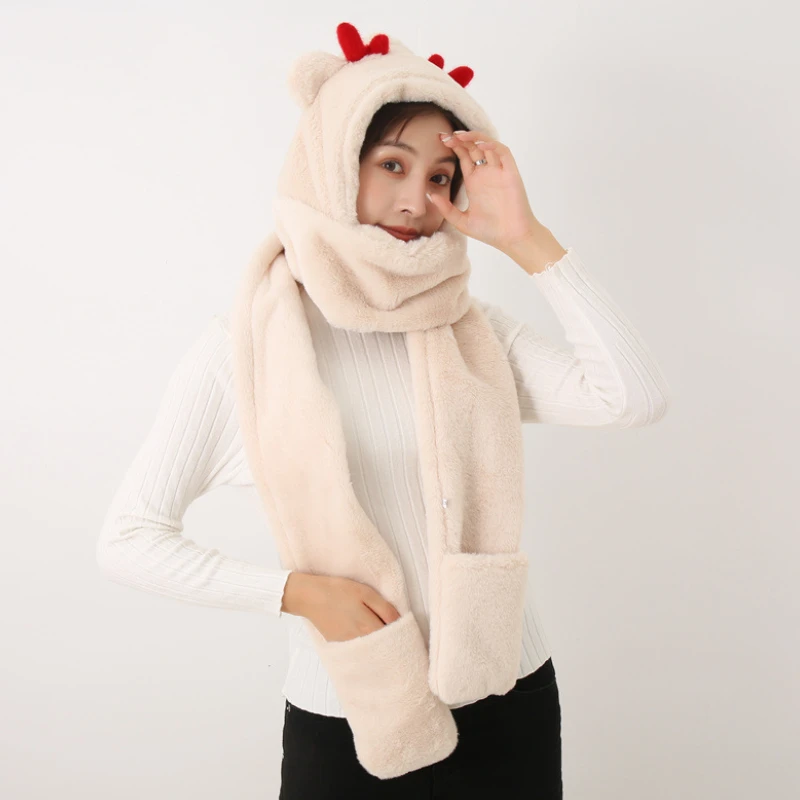 Outono e inverno bonito meninas chifres chapéu cachecol luvas em uma espessura manter quente frio skullies mittens feminino conjunto de três peças