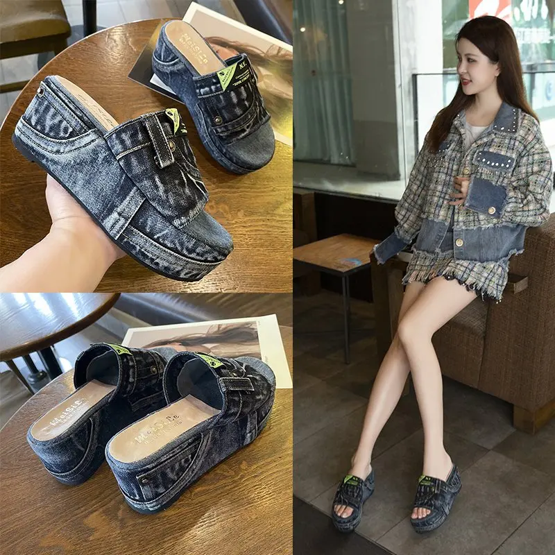 Summer Women Sandals Wedges Peep Toe Denim Platform Slides Shoes Thick Bottom Outdoor Beach Casual Flip Flops Footwear Sexy 2021