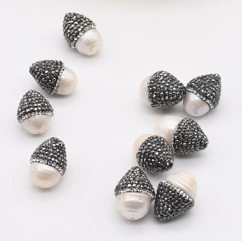 5Pcs Top Shape White Pearl Trimmed With Black Crystal Zircon Beads